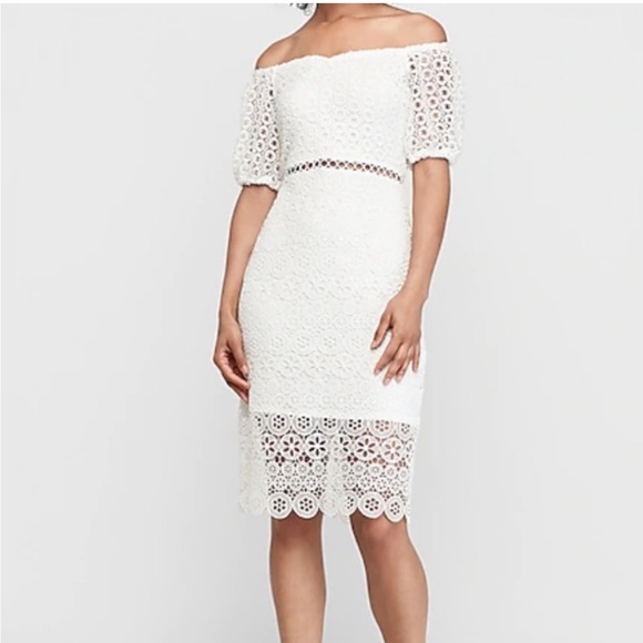 Express Dresses & Skirts - Express White Off The Shoulder Crochet Lace Midi Pencil Dress XS NEW